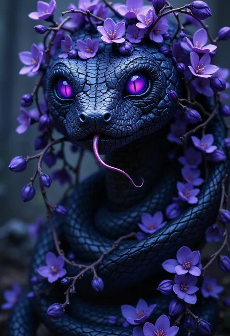 bo-snake, a oil paint on canvas of a world of mystical anime snake, dark fantasy, a highly detailed, digital artwork depicting a surreal, ethereal scene, the central focus is a snake coiled around a cluster of small, delicate, purple flowers, the flowers are intricately woven together in a spiral-like pattern, creating a sense of movement and depth, the snake's skin is a dark, textured black, with subtle, metallic sheen, and its head is adorned with small, glowing purple eyes, giving it a mystical, otherworldly appearance, its tongue is long and thin, with a small, red tip, the background is a blurred, out-of-focus gradient of dark blue and purple hues, suggesting a forest or mystical setting, the texture of the flowers and the snake is rendered in a realistic, hyper-realistic style, with detailed textures and shading that enhance the depth and realism of the artwork, the overall mood is one of ethereal beauty and mystery, with the snake as the central element, surrounded by the delicate, almost surreal elements of nature<lora:boFLUX Year of the Snake.safetensors:1.0:1.0>