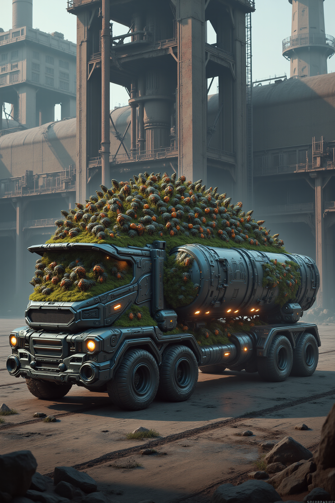 YFG-R1gs, A sentient, bio-mechanical truck, its chassis a blend of metal and organic tissue, transports a colony of genetically engineered insects across a vast, abandoned industrial complex. The truck's AI, integrated with the insects' hive mind, controls the vehicle and manages the colony. The vehicle's cargo bay is a living ecosystem, providing the insects with a suitable environment. The surrounding industrial complex is a rusting monument to a bygone era.