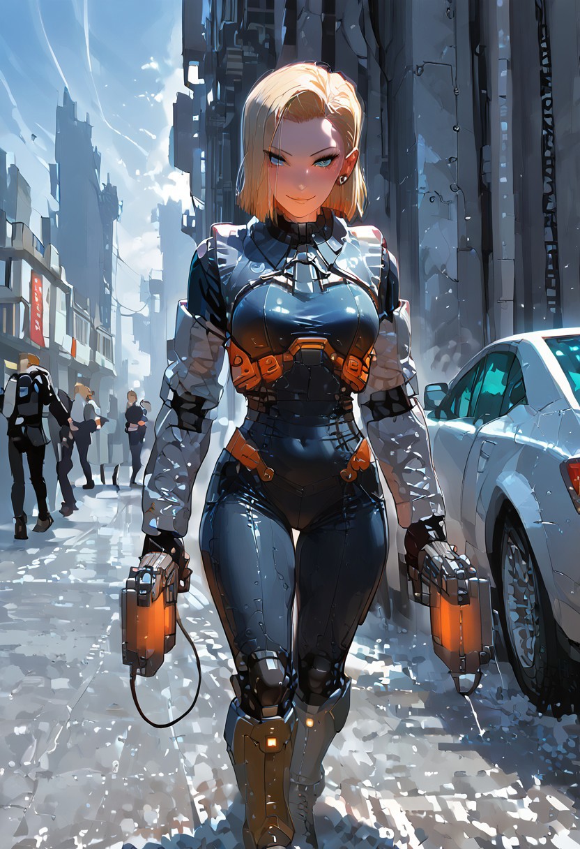 score_9,score_8_up,score_7_up,source_anime, 1girl, (((master piece:1.2))),(((best quality:1.2))),(((ultra detailed))),(((1girl))),(((intricate))),(((anime screencap))),(((very aesthetic:1.2))),((( Cite 17 background))),(((absudres:1.2))),(((embroidered))),(((scenery))),((extremely detailed CG)),(dynamic angle:1.4),vensu bdy woman in sci fi outfit standing on deserted street holding gravity gun, 
BREAK,
half life (series), (android 18 reimagined as a scientist in hev suit from half life 2),breasts, 1girl, blonde_hair, blue_eyes, (dynamic pose:1.4), Cite 17 background, smile, solo, looking_at_viewer, detailled_background, blonde android 18_hair, blush, boots, gloves, standing, cowboy_shot, hev armor style, holding a crowbar, weapon, solo focus, holding, outdoors, covered navel, hev suit bodysuit
BREAK;
(intricate details:1.12), (intricate details, hyperdetailed:1.15), hdr, dystopian sci-fi city, (at day:1.2), cinematic, half life aesthetic, science aesthetic, ominous background, bimbo atmosphere, lustful atmosphere, gray and pastel theme, city background, ground vehicle, motor vehicle, car, building, electric cable, camera, sfw