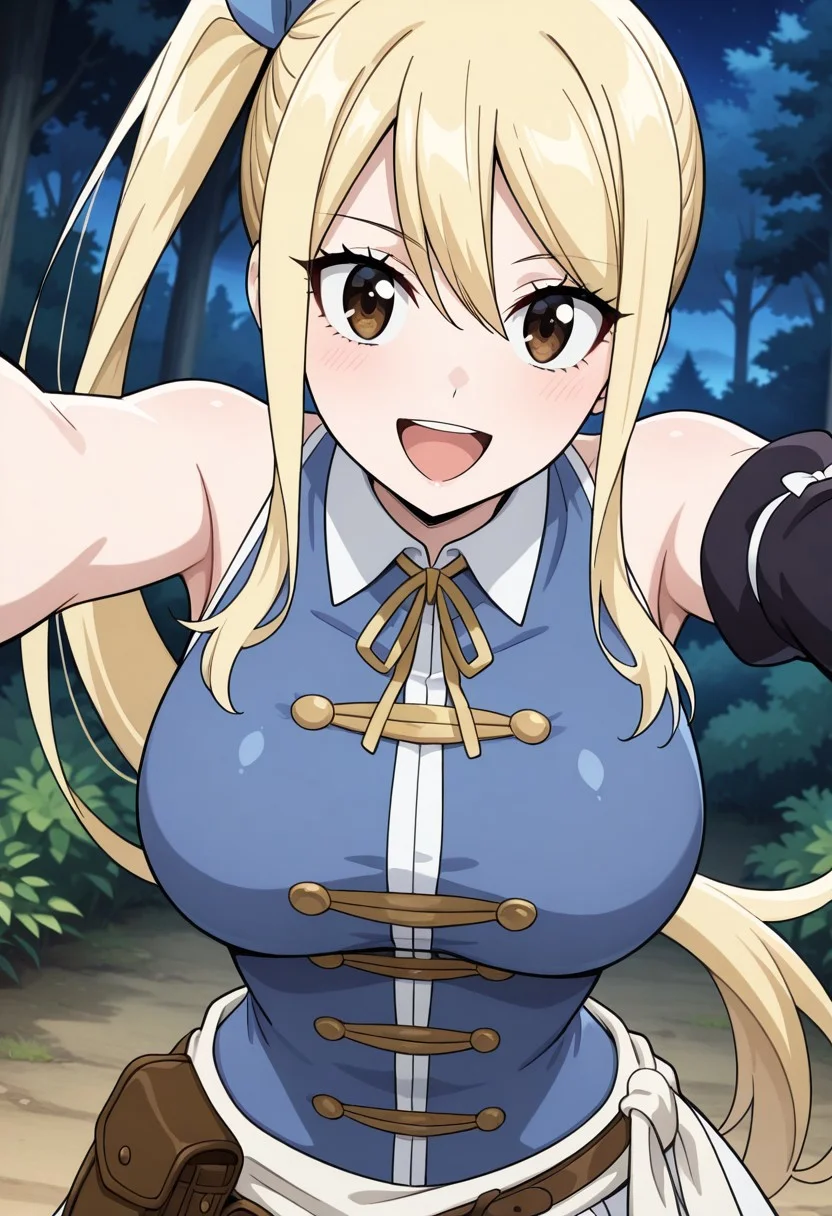 masterpiece, best quality, newest, anime screencap, 1girl, <lora:LucyHeartfiliaAvatartwo_Illu_Dwnsty:1>, lcyhrtavtrctwo, brown eyes, blonde hair, side ponytail, sidelocks, long hair, blue ribbon, hair ribbon, blue shirt, sleeveless shirt, collared shirt, yellow neck ribbon, scrunchie, single detached sleeve, black sleeve, white skirt, brown belt, belt pouch, white sash, perfect eyes, breast, shiny skin, expressive, smile, open mouth, looking at viewer, erotic pose, forest, night, perfect anatomy