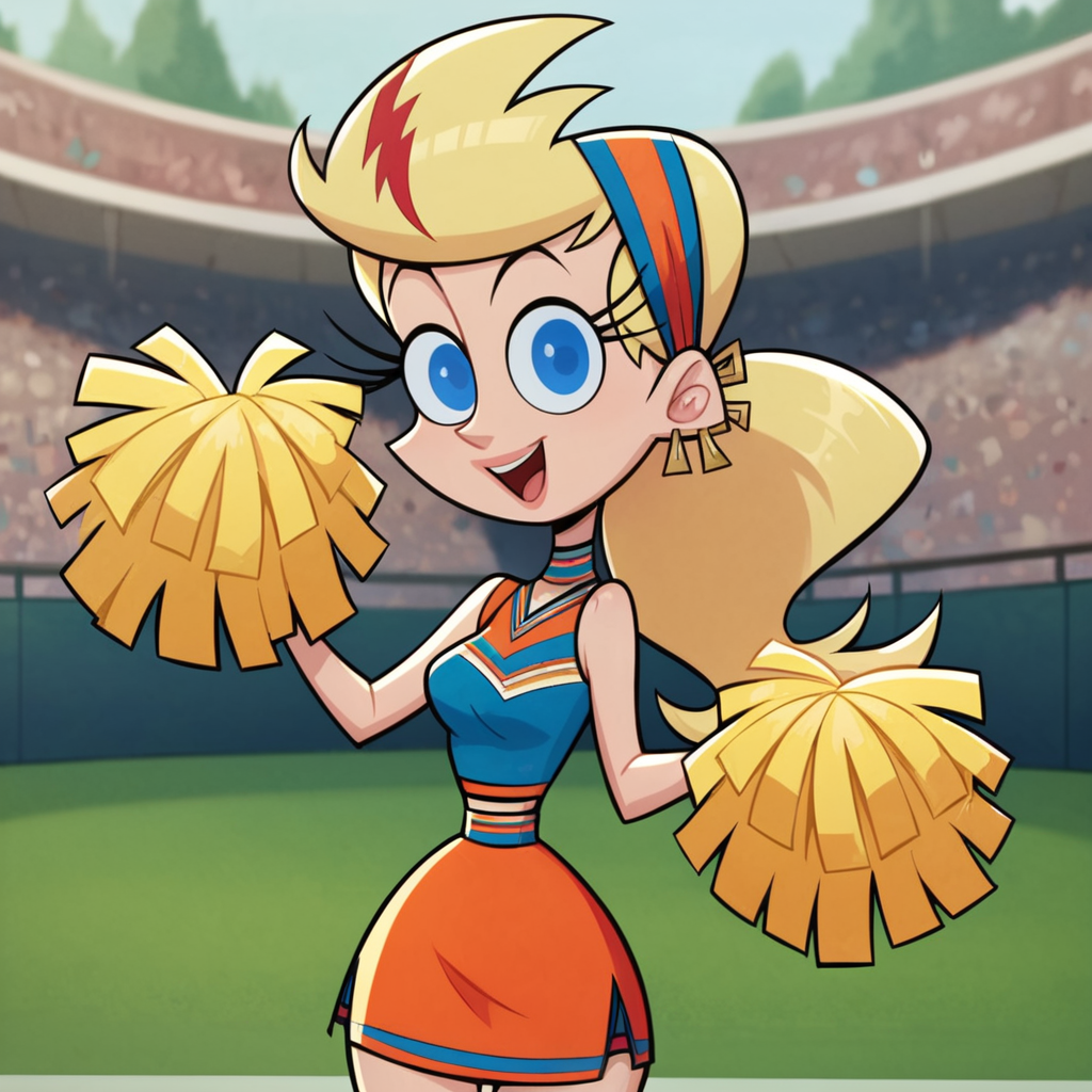 score_9, score_8_up, score_7_up, 1girl, blonde hair, long hair, head scarf, jewelry, blue eyes, medium breasts, narrow waist, wide hips, looking at viewer, cheerleader, pom pom \(cheerleading\), fca style, toon \(style\), <lora:Sissy_Blakely:1>