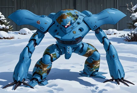 score_9, score_8_up, score_7_up, source_anime, front view, BREAK, ( hygogg, blue_hygogg_armor, blue camo painted hygogg, pink monoeye, looking at viewer, leaning forward, long arms, very long arms, long claws) 1mech, blue camo painted mech, wide mech, large shoulders, large shoulder armor, mech focus, solo, BREAK, in snow, making snowman, waving, arm raised, two arms, ral-camo