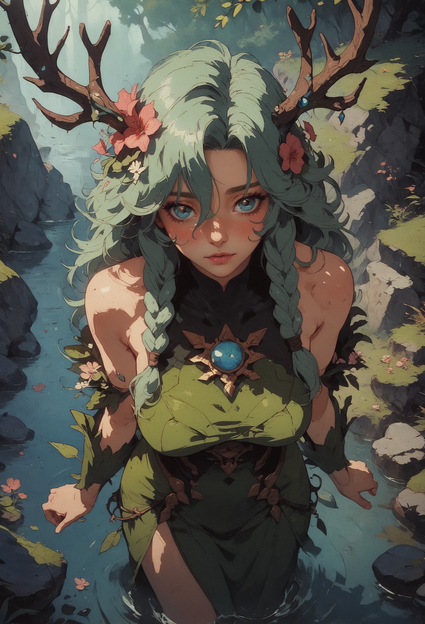 score_9, score_8_up, score_7_up,    1girl, (solo:1.1), from above, elven girl, standing, bare shoulders, green hair, braids, large breasts, flower hair, antlers, leaf dress, cute, beautiful eyes, blush, overgrowth,  sexy pose, looking at viewer, outdoor, moss, rocks,    <lora:Concept Art Twilight Style SDXL_LoRA_Pony Diffusion V6 XL:0.8> concept art, realistic  <lora:Expressive_H-000001:0.8> expressiveh,  <lora:Kenva:0.8> knva, halftone effect, retro artstyle