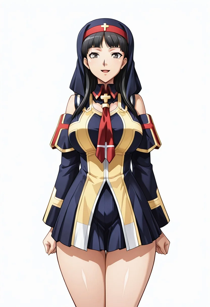 score_9,score_8_up,score_7_up,source_anime,5_figner,2d_animation,game cg,BREKE,1girl,solo,
p4amagi, Amagi Yukiko, long hair, black hair, bangs, 
long sleeves,blue skirt,detached sleeves,cross,coat,red necktie,blue nun,pleated skirt,
smile,openmouth,cowboyshot,standing,
huge breasts,thick hips,thick thighs,thick waist,disproportionate breasts,
curves,glamour,
looking at viewer,
simple background,white background,
masterpiece,best qualit,ultra-detailed,illustration,an extremely delicate and beautiful,beautiful detailed eyes,unity 8k wallpaper,high resolution,anime CG,official_art,Erotic_style, uncensored, anime_coloring, anime_screencap,