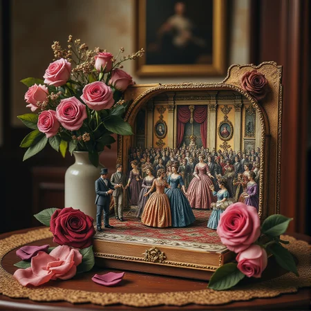 Miniature diorama of a masquerade ball next to a bouquet of roses, detailed digital illustration of a masquerade ball held in a palace, 19th century, colorful dresses, masks, well-dressed women, glamorous, lascivious and somewhat decadent atmosphere, <lora:Flux.1_Turbo_Detailer:0.7>, <lora:Diorama_Flux:0.8>