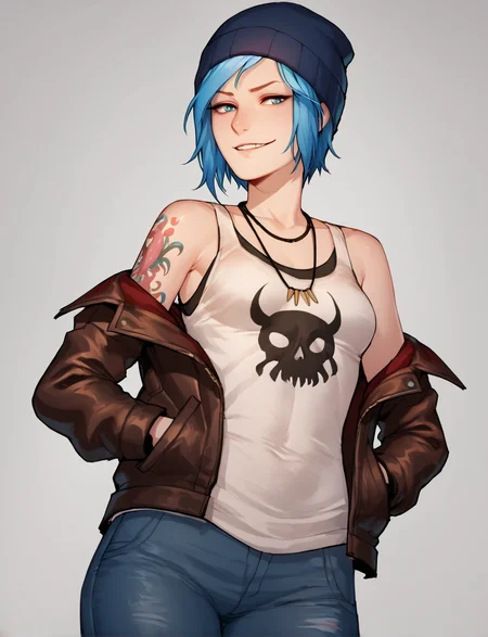 score_9, score_8_up, score_7_up, score_6_up, score_5_up, score_4_up, 1 girl, solo,
BREAK
cowboy shot, chloeprice, medium breasts, blue eyes, blue hair, necklace, tanktop with a skull, beanie, leather jacket, bare shoulders, jacket off-shoulder, arm tattoo, low angle, smirk, <lora:ChloePricev2:0.8>, <lora:Ratatatat74XLLocon:0.7>