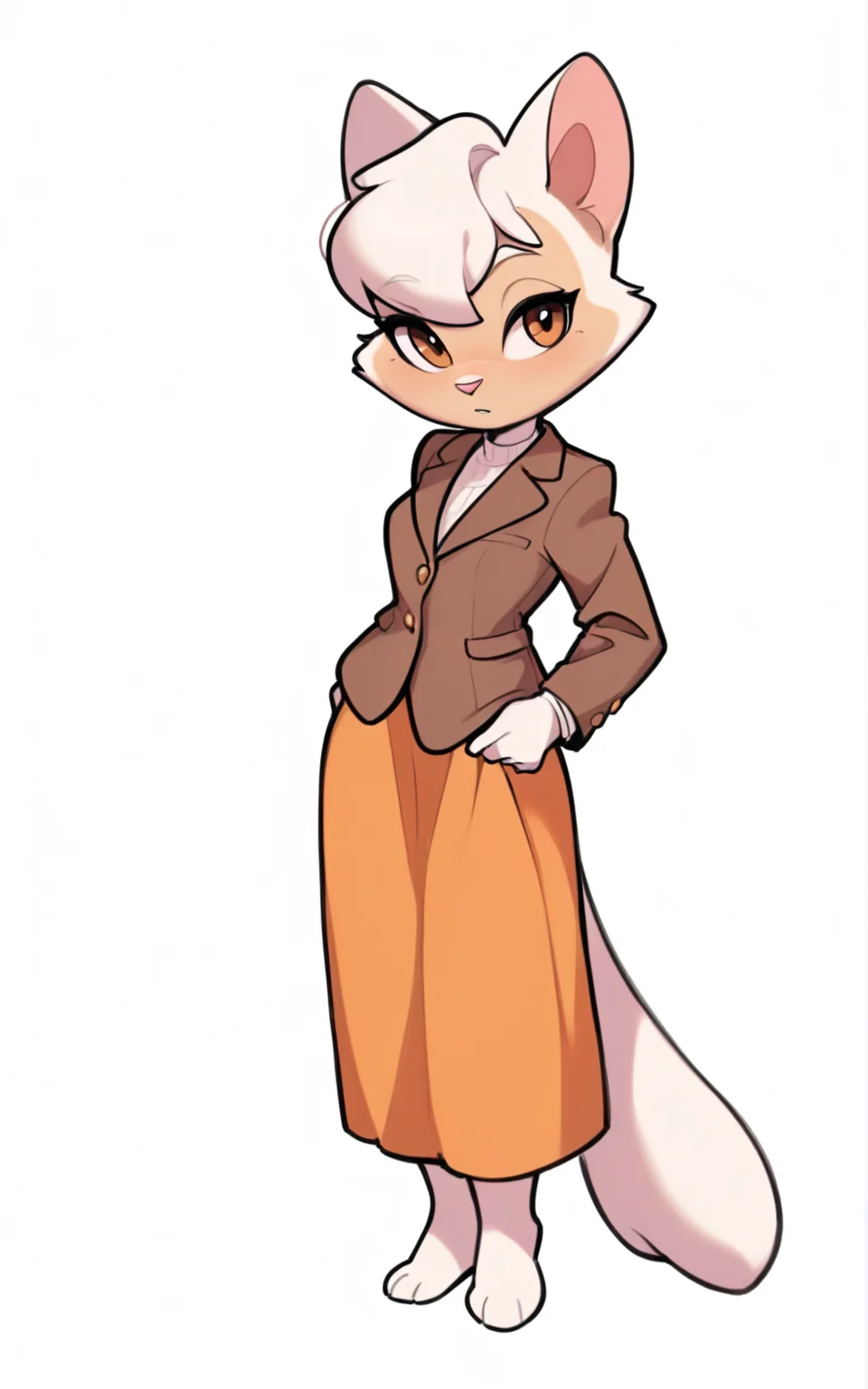 best quality, absurdres,full body, <lora:BolivanteStyleITS:0.8>, <lora:SCDDITS:0.8>, SCDDITS, skirt, light orange skirt, brown jacket, furry female, furry, tail, animal ears, brown eyes, white hair, white fur, short hair, cat girl, beige skin, white skin, two-tone skin, featureless feet, animal nose, white background, slim, standing