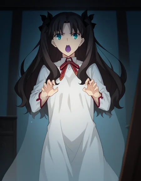 score_9, score_8_up, score_7_up, source_anime, rintohsaka, <lora:rin-tohsaka-ubw-ponyxl-lora-nochekaiser:1>, rin tohsaka, aqua eyes, black hair, hair ribbon, long hair, ribbon, sidelocks, two side up, parted bangs,, <lora:ghost-pose-ponyxl-lora-nochekaiser:1>, ghost pose, ghost, purple tongue, open mouth, looking up,, indoors,, cowboy shot, dutch angle, looking at viewer,