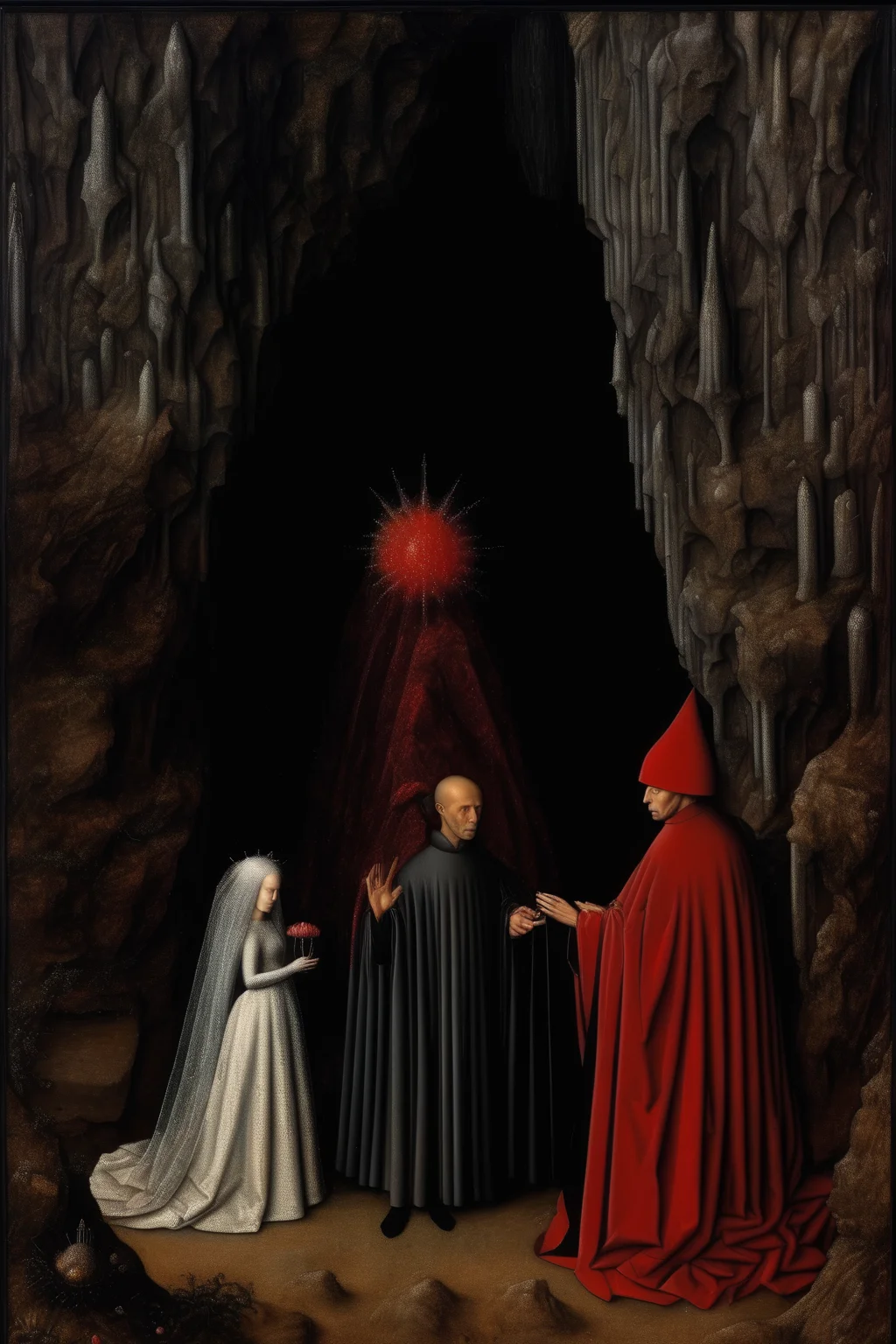 <lora:Jan van Eyck Style:1>Jan van Eyck Style - Jan van eyck style painting of a man and a woman getting married in a dark cave