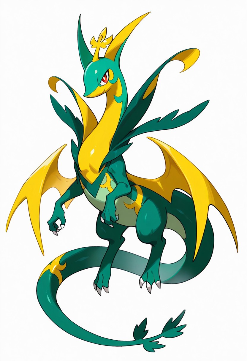 (masterpiece, best quality, high quality, highres), very awa, highres, absurdres,
pokemon fusion, pokemon \(species\), (no humans:1.1), (solo:1.2), full body,
(charizard:0.65), (serperior:0.6),
green skin, wings, yellow body ornament, agile,
simple white background,