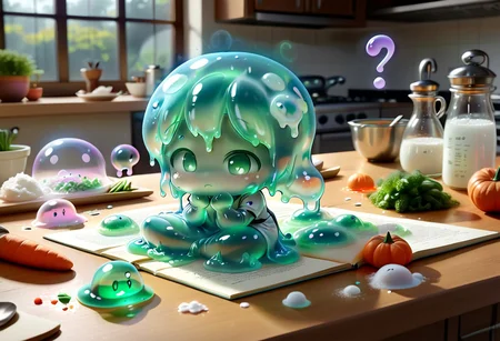 Chibi slime girl, translucent pastel body, glowing eyes, tiny chef hat. Sitting on kitchen table, spoon half-raised, surrounded by floating veggies and spilled flour. Thoughtful gaze, tilted head, hand on chin, soft glowing thought bubbles with question marks. Gentle sunlight, hovering recipe book with glowing text. Playful yet introspective mood, gelatinous textures, neon pastel accents, Sl1m3d, slime-morph