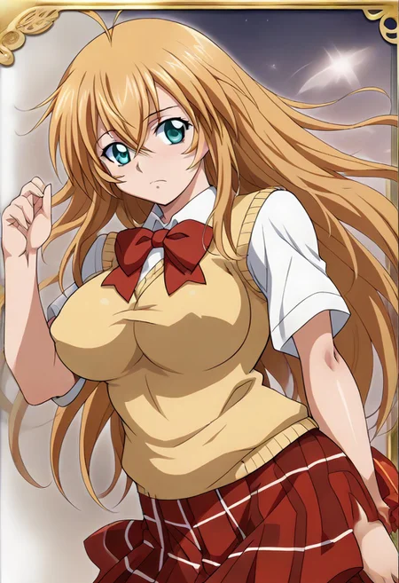 <lora:SonsakuhakufuPony_V01:1> sonsakuhakufupony, long hair, blonde hair, aqua eyes, hair between eyes, antenna hair, large breasts, sexy, glamor, school uniform, red bowtie, yellow sweater vest, red skirt, plaid skirt, <lora:flat_sdxl:-0.2> <lora:Fixhands_anime_bdsqlsz_V1:1>,,,,,,,,,,,,anime coloring, anime screencap, 1girl,Solo ,, anime,PUFFY nipple,huge breasts,,,official art, Uncensored ,Unedited ,,,,,,, ,,,,,,,