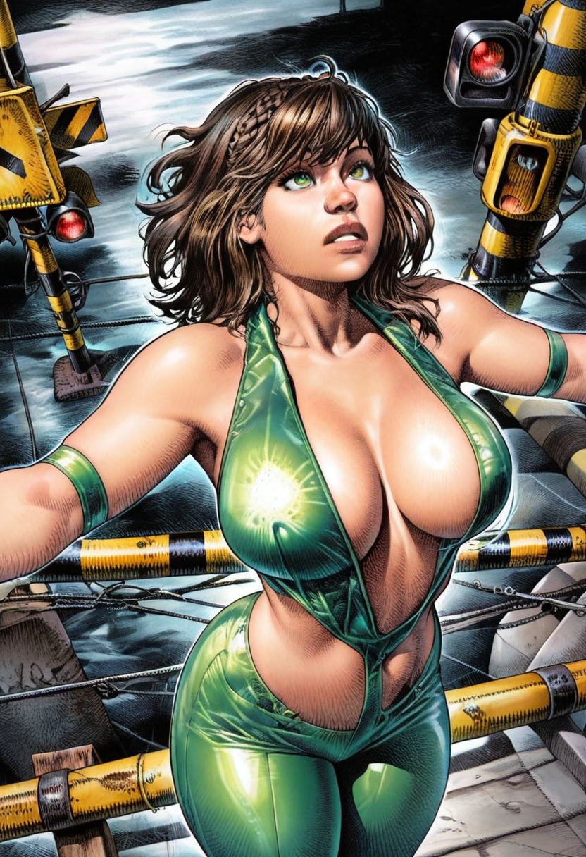 masterpiece, best quality, amazing quality, western_comics_(style) , 1girl, solo, large breasts, Leaping with arms extended to the sides, from_above, Emerald Latex, medium hair, braid, Brown hair, railroad crossing, full_body, <lora:Illustrous\paolo_eleuteri_serpieri_IL:1.0>