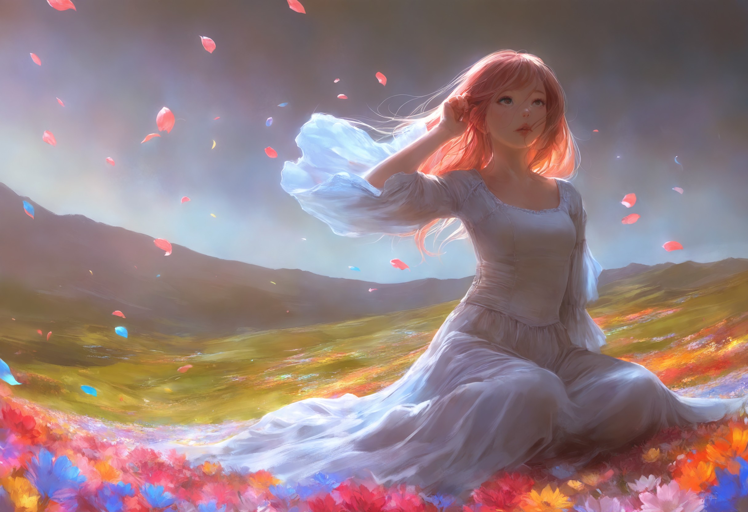 masterpiece, best quality, realistic, painting \(medium\), 1girl, intricately detailed, sitting, adjusting hair, looking afar, flower petals, wind, landscape, colorful fields of flowers<lora: 1equals2_V1_6_NoobAI:0.8>
