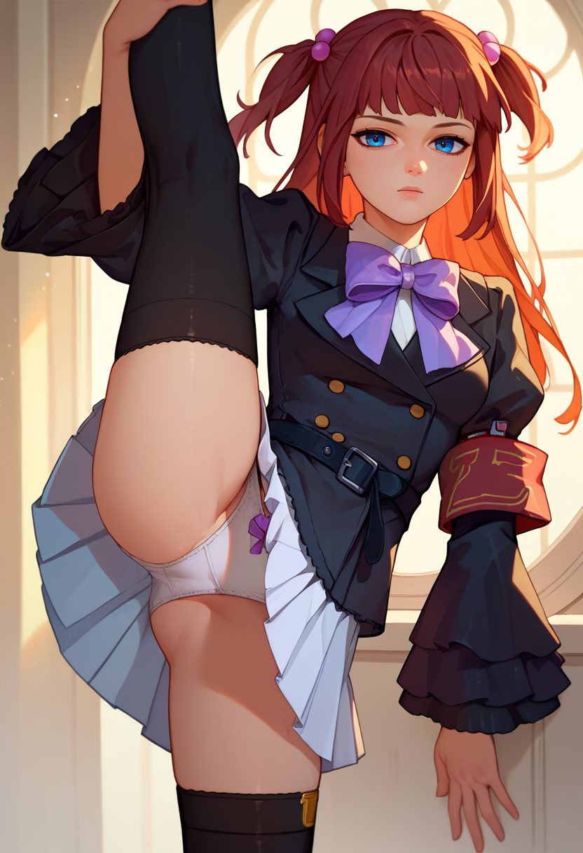 score_9, score_8_up, score_7_up,1girl,  Ange, brown hair, two side up, blue eyes, white shirt, purple bow, black jacket, single armband, black belt, white skirt, frilled sleeves, black thighhighs,  standing split, white panties, looking at viewer,  <lora:Ange 4-000008:1>