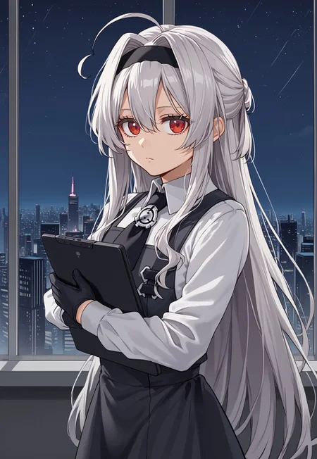 1girl, solo, solo focus, highres, absurdres, Eve.AIC, very long hair, red eyes, black hairband, ahoge, white shirt, long sleeves, black gloves, white hair, collared shirt, pinafore dress, bangs, necktie, hair between eyes, hair intakes, black dress,

looking at viewer, expressionless, holding tablet pc, from side,

window, cityscape, science fiction, cyberpunk, dark, night, night sky, 
