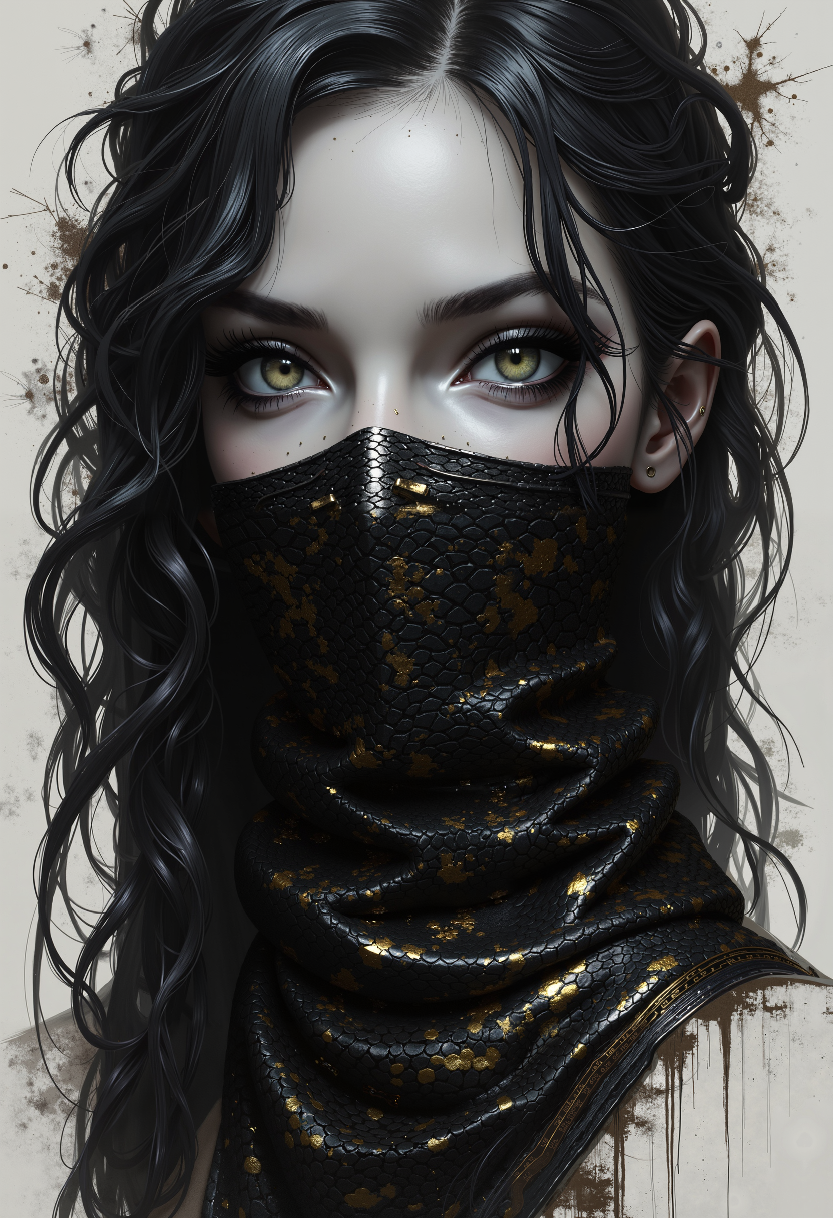 bo-snake, world of mystical anime  snake, dark fantasy, anime, a painting made of oil, a highly detailed, black-and-white digital artwork depicting a young woman with striking features, she has fair skin and long, wavy hair that cascades over her shoulders, partially obscuring her face, her eyes are large and expressive, with long, dark eyelashes framing them, and she wears a bandana covering her mouth and nose, the bandana is intricately designed with a pattern of dark, swirling scales that resemble a snake's skin, the texture of the scales is rough and textured, with a slight sheen, indicating a high level of realism in the artwork, the background is a soft, cloud-like texture, adding a sense of depth and mystery to the scene, the overall style is realistic with a touch of fantasy, emphasizing the subject's ethereal beauty and the interplay of light and shadow on her skin, highly polished, with meticulous attention to detail, making it a captivating and immersive piece of art, partially blended with abstract digital elements. The scene has a dark, moody ambiance. The background features layers of glitch art, fragmented texts, and metallic textures. contrasting against the monochromatic tones of black, grey, and hints of silver gold. Smudged paint and scratches add a sense of decay and technology.<lora:year-of-the-snake-000012.safetensors:1.0:1.0>