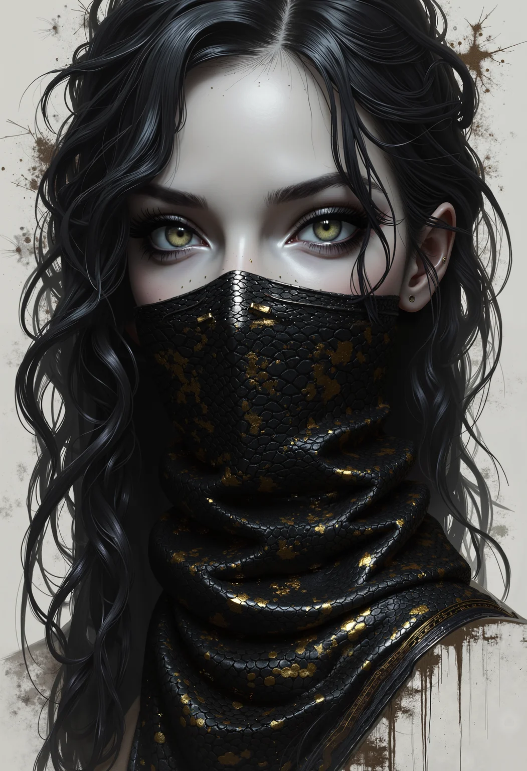 bo-snake, world of mystical anime snake, dark fantasy, anime, a painting made of oil, a highly detailed, black-and-white digital artwork depicting a young woman with striking features, she has fair skin and long, wavy hair that cascades over her shoulders, partially obscuring her face, her eyes are large and expressive, with long, dark eyelashes framing them, and she wears a bandana covering her mouth and nose, the bandana is intricately designed with a pattern of dark, swirling scales that resemble a snake's skin, the texture of the scales is rough and textured, with a slight sheen, indicating a high level of realism in the artwork, the background is a soft, cloud-like texture, adding a sense of depth and mystery to the scene, the overall style is realistic with a touch of fantasy, emphasizing the subject's ethereal beauty and the interplay of light and shadow on her skin, highly polished, with meticulous attention to detail, making it a captivating and immersive piece of art, partially blended with abstract digital elements. The scene has a dark, moody ambiance. The background features layers of glitch art, fragmented texts, and metallic textures. contrasting against the monochromatic tones of black, grey, and hints of silver gold. Smudged paint and scratches add a sense of decay and technology.<lora:year-of-the-snake-000012.safetensors:1.0:1.0>