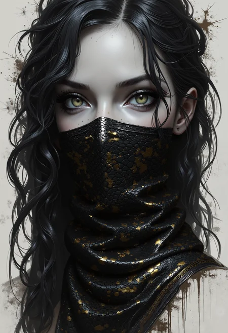 bo-snake, world of mystical anime snake, dark fantasy, anime, a painting made of oil, a highly detailed, black-and-white digital artwork depicting a young woman with striking features, she has fair skin and long, wavy hair that cascades over her shoulders, partially obscuring her face, her eyes are large and expressive, with long, dark eyelashes framing them, and she wears a bandana covering her mouth and nose, the bandana is intricately designed with a pattern of dark, swirling scales that resemble a snake's skin, the texture of the scales is rough and textured, with a slight sheen, indicating a high level of realism in the artwork, the background is a soft, cloud-like texture, adding a sense of depth and mystery to the scene, the overall style is realistic with a touch of fantasy, emphasizing the subject's ethereal beauty and the interplay of light and shadow on her skin, highly polished, with meticulous attention to detail, making it a captivating and immersive piece of art, partially blended with abstract digital elements. The scene has a dark, moody ambiance. The background features layers of glitch art, fragmented texts, and metallic textures. contrasting against the monochromatic tones of black, grey, and hints of silver gold. Smudged paint and scratches add a sense of decay and technology.<lora:year-of-the-snake-000012.safetensors:1.0:1.0>