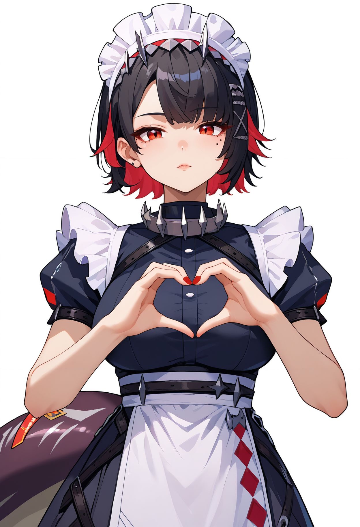 score_9,score_8_up,score_7_up,<lora:ellen_joe_zzz_v2_goofy:1>ellenJoeZzz, 1girl, black hair, breasts, colored inner hair, fingernails, heart, heart hands, large breasts, looking at viewer, maid, maid headdress, mole, mole under eye, multicolored hair, nail polish, red eyes, red hair, red nails, shark tail, short hair, simple background, solo, two-tone hair, white background