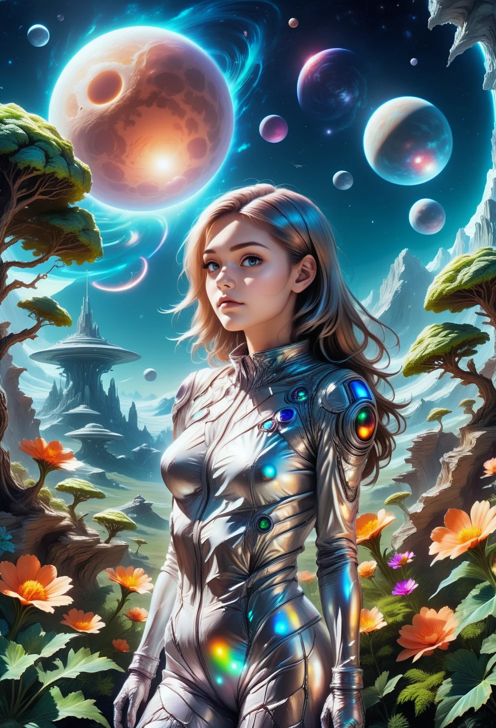 (((masterpiece))) , (((best quality))) , 2d, (adorable 1girl, solo:1.3) , 1 woman, upper body, dolleijSDXL01 <lora:DolleijSDXL01:0.9> , wearing a body suit made out of ral-alufoil <lora:ral-alufoil-sdxl:1>,<lora:SDXLFaeTastic2400:0.4>,, ((the scenery clearly says: a klutz lost in space)), super confused, , , an alien world with colorful plants, strange creatures and two moons in the sky hovering over an extraordinary landscape, landscape by jed-cosmos <lora:Jed-Cosmos-sdxl:0.8> Jed-Cosmos