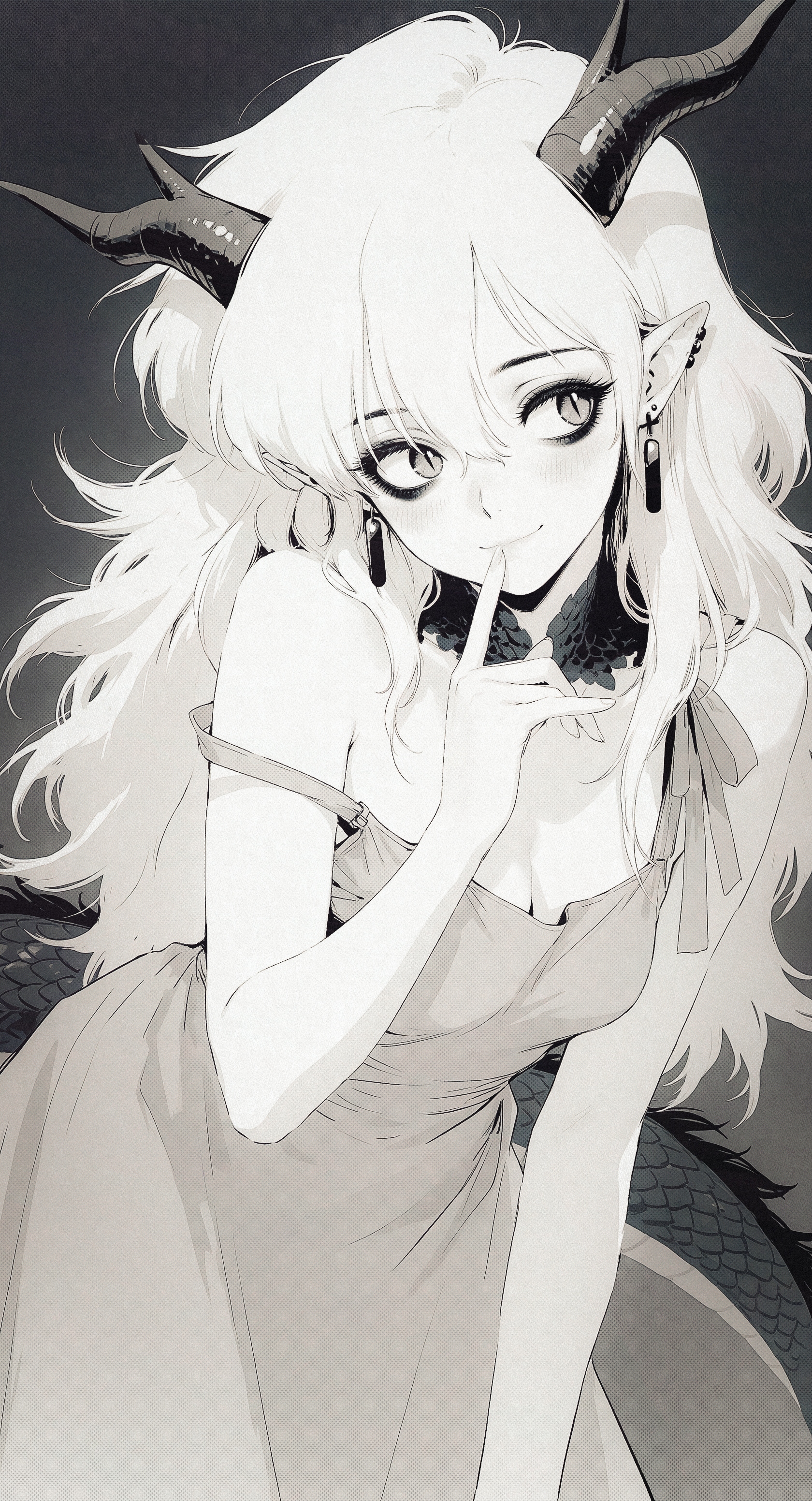 1girl,  (m omoo:1.25), (retro artstyle:1.3), (1980s \(style\) :1.2), bluethebone, sketch, 
,
solo,dragon girl, greyscale, monochrome, slit pupils, looking aside, looking to the side, portrait,  head tilt, light smile, blush,  leaning forward, finger to mouth, strap slip, single bare shoulder, single off shoulder, sundress, bags under eyes, black eyeshadow, dragon horns, black scales, earrings, pointy ears, 
masterpiece, high score, great score, absurdres,
<lora:nhl-001-20:0.25> nhl-001,
<lora:nhl-002-nai:0.5> nhl-002,
<lora:nhl-003:0.25> nhl-003,
<lora:nhl-004:0.7> nhl-004, 
<lora:tenebriflora-wai:0.5> tfaix, 
masterpiece, best quality, amazing quality, very aesthetic,