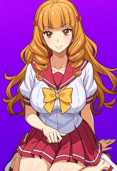 score_9, score_8_up, score_7_up, score_6_up, score_5_up, score_4_up, source_anime, <lora:confetti-extract- ponyxl:0.85>, detailed eyes, easynegative, rating_explicit, Expressiveh, 1girl, solo, mio, big breasts, smiling at viewer, soft smile, happy
long hair, blonde hair, brown hair, bow, brown eyes, hair bow, red bow, blunt bangs, orange hair, drill hair, twin drills, collarbone, frown, pink bow, ringlets, v-shaped eyebrows, blunt bangs, light brown hair, big breasts
shirt, skirt, bow, school uniform, white shirt, short sleeves, shoes, bowtie, sailor collar, yellow bow, yellow bowtie, red sailor collar, puffy sleeves, red sailor collar