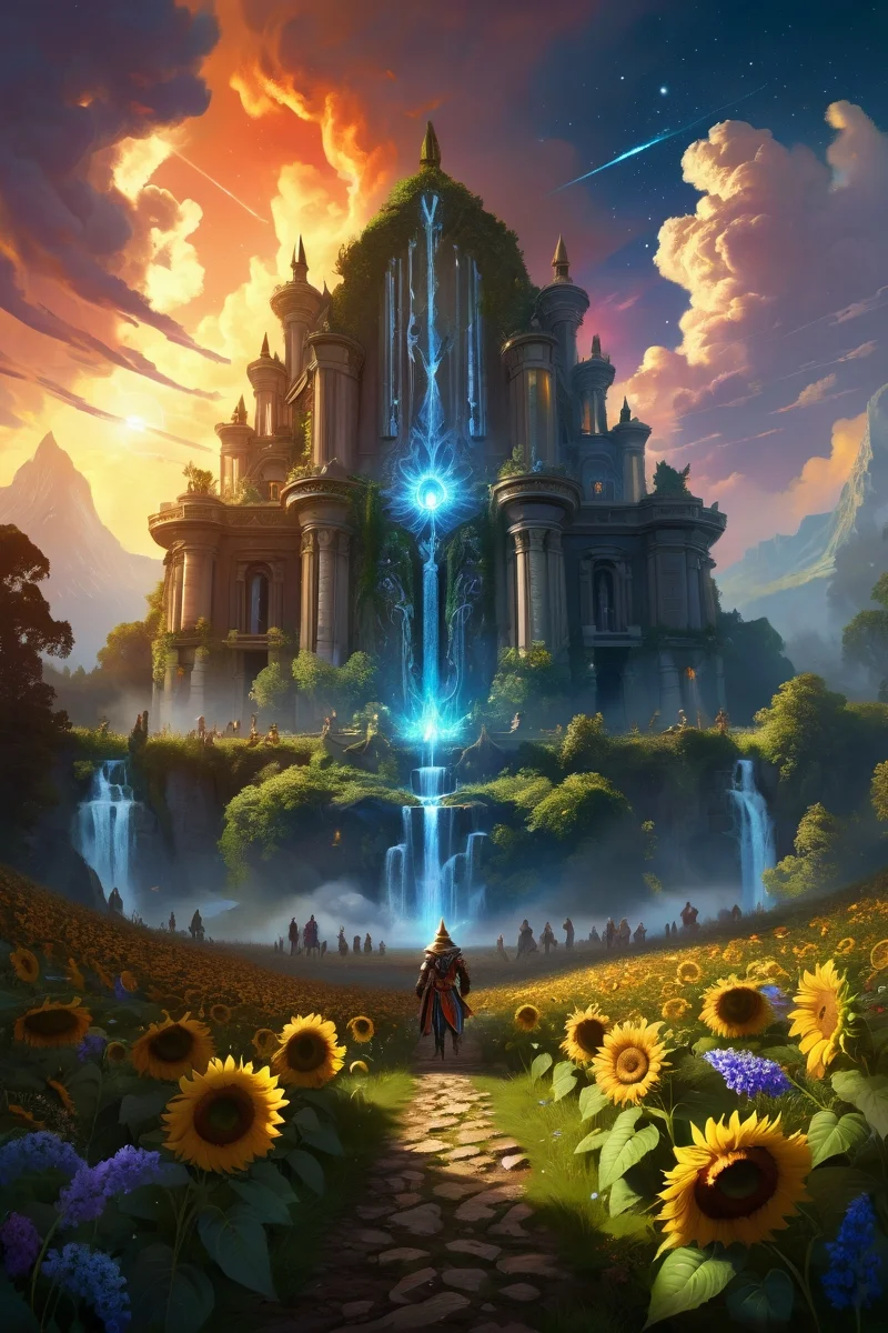 sunflower forest clearing with country path ,volcanic forge-temples where rune-priests quench cursed blades, the air thick with sparks forming temporary constellations, waterfall, rainbow twightlight,weather sweaty kneeling cinematic view, epic sky, detailed, concept art, low angle, high detail, warm lighting, volumetric, godrays, vivid, beautiful, trending on artstation, by Boris Vallejo, huge scene, grass,flower, art greg rutkowski,