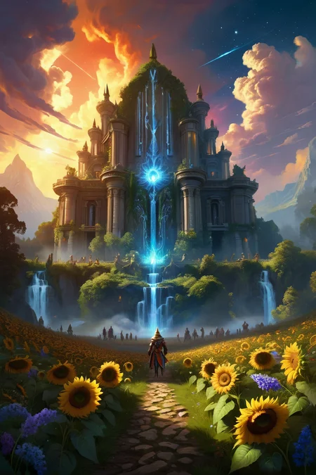 sunflower forest clearing with country path ,volcanic forge-temples where rune-priests quench cursed blades, the air thick with sparks forming temporary constellations, waterfall, rainbow twightlight,weather sweaty kneeling cinematic view, epic sky, detailed, concept art, low angle, high detail, warm lighting, volumetric, godrays, vivid, beautiful, trending on artstation, by Boris Vallejo, huge scene, grass,flower, art greg rutkowski,
