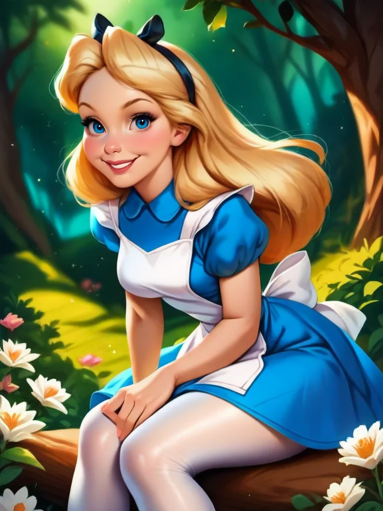 highres, hi res, best quality, masterpiece, intricate details, absurdres, 4k, cartoon, disney style, realistic,
1girl, sitting on a tree, in a forest around multiple flowers, magic particles, leaning forward, cute pose, medium breasts, naughty face, smile, looking at viewer, cute, detailed landscape, cowboy shot, from side,
<lora:AliceinWonderlandXLIllustrous_character:1>, AliceWaifu, blonde hair, blue eyes, white apron, blue dress, puffy sleeves, white pantyhose,
