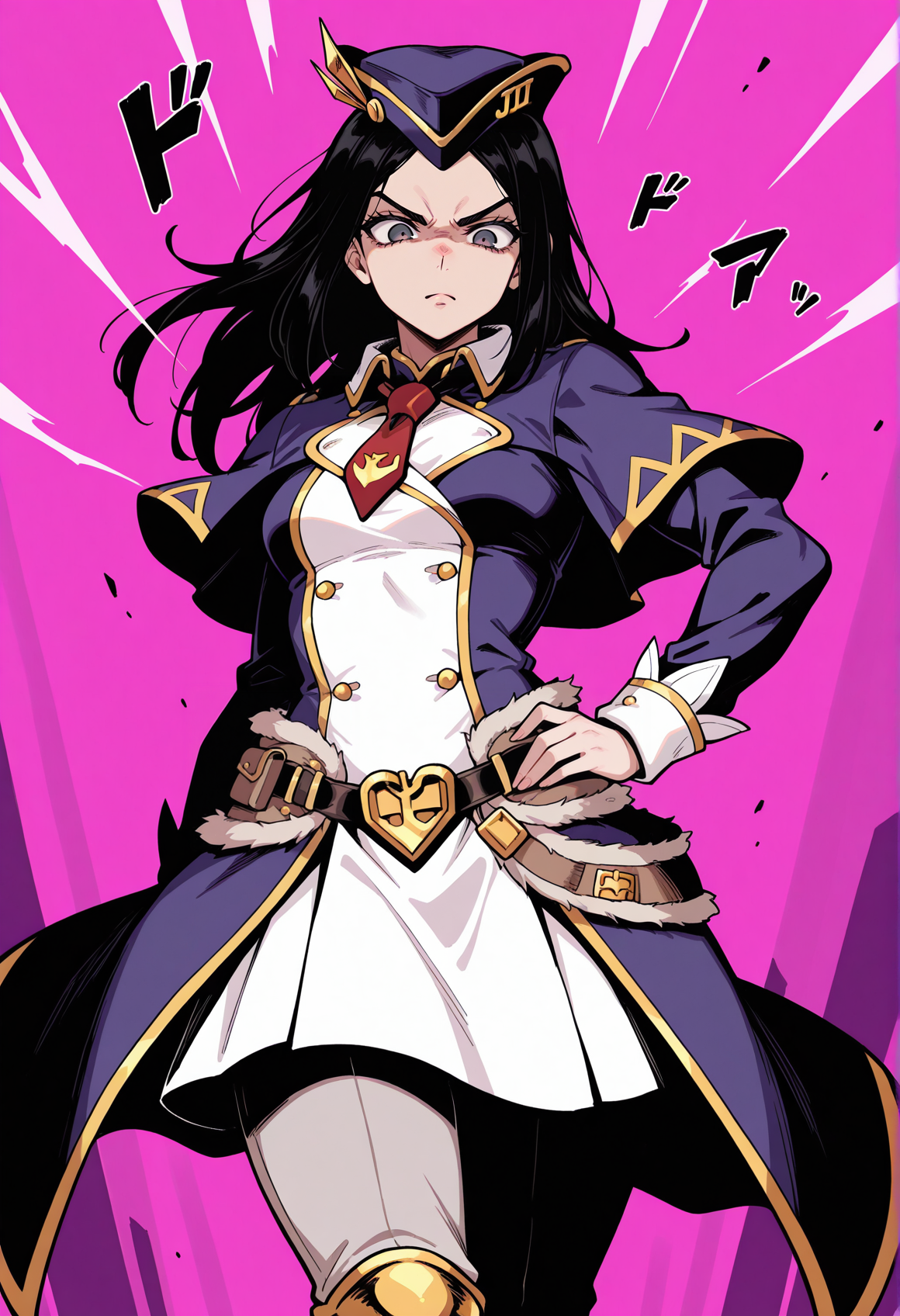 jojo pose, jojo no kimyou na bouken, solo, serious, 1girl, walking, long hair, black hair, bicorn, hat, blue coat, capelet, red necktie, fur-trimmed belt, walking, dynamic pose,  menacing \(jojo\), outstretched arm, hand on own hip  <lora:luchika_mh:1>, masterpiece, best quality, amazing quality, very aesthetic, absurdres, highres, newest