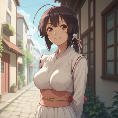 <lora:SlimesMusubi:1>, score_9, score_8_up, score_7_up, slimes_musubi, woman, solo, hands behind back, smiling