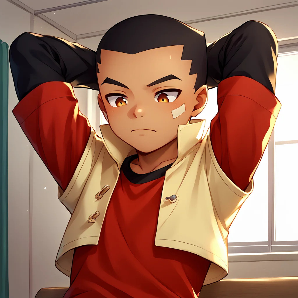 score_9,score_8_up,score_7_up,score_6_up,score_5_up,score_4_up BREAK ginga izumo,1boy,male focus,solo,arms behind head,upper body,closed mouth,cropped jacket,short over long sleeves,red t-shirt,arms up,shirt,short sleeves,black shirt,indoors,looking down,<lora:GearFighterV1-3:1>,sitting,