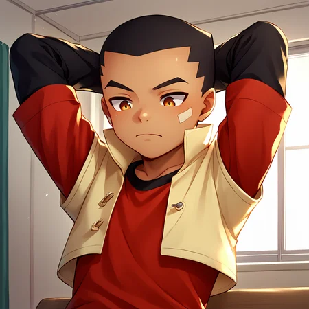 score_9,score_8_up,score_7_up,score_6_up,score_5_up,score_4_up BREAK ginga izumo,1boy,male focus,solo,arms behind head,upper body,closed mouth,cropped jacket,short over long sleeves,red t-shirt,arms up,shirt,short sleeves,black shirt,indoors,looking down,<lora:GearFighterV1-3:1>,sitting,
