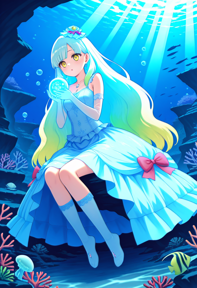 masterpiece, best quality, 1girl, solo,  zzMayu, mermaid theme, long floating rainbow hair, sheer aquatic dress with bubble motifs, coral bow, seashell hat, translucent elbow gloves, pearl kneehighs, glowing yellow eyes, underwater ruins, drifting jellyfish, pastel light rays, swaying seaweed, dreaming expression, sitting on coral throne, magic orb in hands  Beneath the shimmering waves, Mayu sits atop a coral throne, cradling a glowing orb of song. Her hair floats like silk in slow motion, tinted by oceanlight and the hues of forgotten dreams. Schools of fish dance to the melody she humsâa tune said to lull even the sea kings to sleep. narrow waist,  , <lora:MAYULoveLogic_IXL:1.0>,