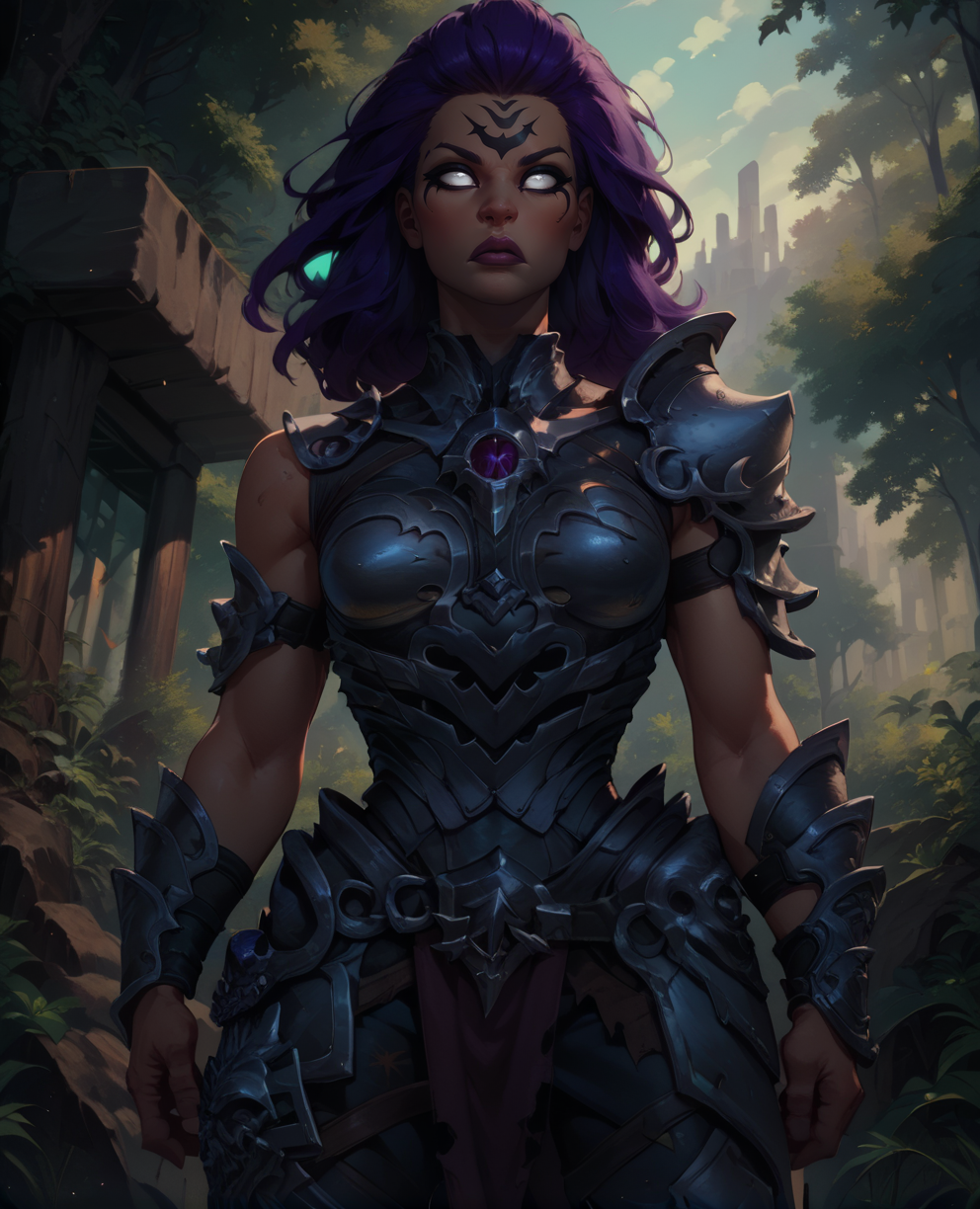 score_9,score_8_up,score_7_up,score_6_up, 
Furyxl,large purple hair,lips,no pupils,white eyes,forehead mark,
standing,serious,
shoulder armor,breastplate, greaves, 
large trees,morning,destroyed city,<lora:Fury:1>,