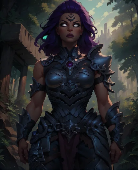 score_9,score_8_up,score_7_up,score_6_up,
Furyxl,large purple hair,lips,no pupils,white eyes,forehead mark,
standing,serious,
shoulder armor,breastplate, greaves,
large trees,morning,destroyed city,<lora:Fury:1>,