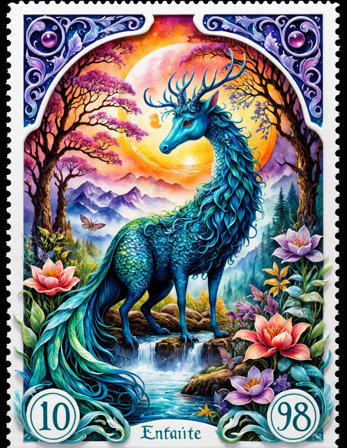 Hyperrealistic, beautiful stamp art, intricate fantasy designs, vibrant colors, detailed textures, mythical creatures, soft natural lighting, ethereal glow, intricate patterns, realistic shadows, fine details, ultra-quality, fantasy theme, magical landscapes, watercolor effects, detailed backgrounds, elegant frames, decorative elements, enchanting scenes, vibrant hues, magical elements