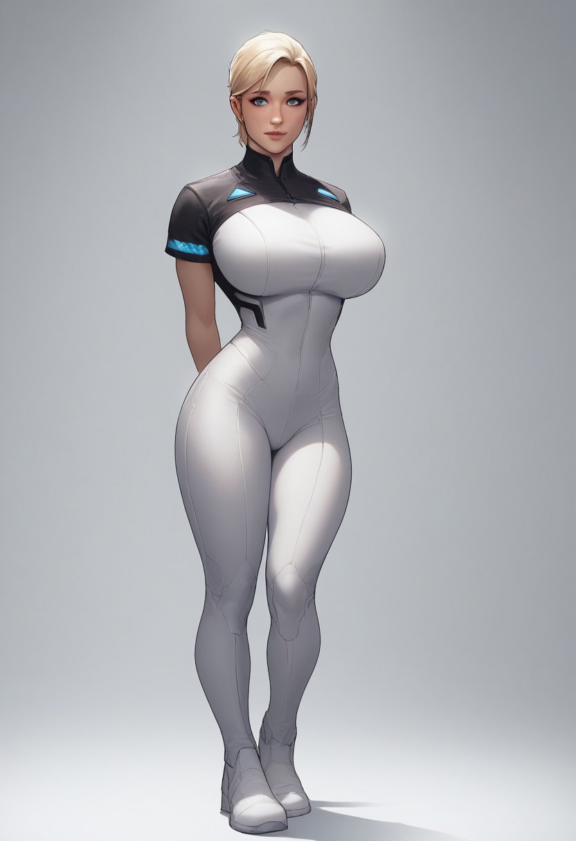 score_9, score_8_up, score_7_up, score_6_up,
high quality, high detail,
((masterpiece:1.2, best quality:1.2, dynamic lighting:1.1,))
full body shot, straight-on, bilaterally symmetrical,
1girl, solo,
<lora:KaraDBH:0.7>,
lips,
perfect eyes, perfect lips,
blonde hair, short hair, short ponytail,
blue eyes,
long legs, wide hips, thick thighs, huge breasts,
bodysuit, pants, short sleeves, white shirt, black sleeves, white pants, white footwear,
shy, light smile,
hands behind back,
standing, looking at viewer,
futuristic, Sci-Fi,
white background,
simple background,