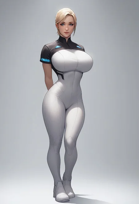 score_9, score_8_up, score_7_up, score_6_up,
high quality, high detail,
((masterpiece:1.2, best quality:1.2, dynamic lighting:1.1,))
full body shot, straight-on, bilaterally symmetrical,
1girl, solo,
<lora:KaraDBH:0.7>,
lips,
perfect eyes, perfect lips,
blonde hair, short hair, short ponytail,
blue eyes,
long legs, wide hips, thick thighs, huge breasts,
bodysuit, pants, short sleeves, white shirt, black sleeves, white pants, white footwear,
shy, light smile,
hands behind back,
standing, looking at viewer,
futuristic, Sci-Fi,
white background,
simple background,