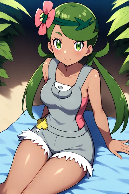 masterpiece, best quality, absurdres, medium breasts, (curvy), cute, eyelashes,      vivid colors,   BREAK,  ,,,   zzMallow, green hair, green eyes, hair flower, hair ornament, grey overalls, pink shirt, sleeveless, grey shorts, <lora:MallowPokemonIXL_e09:1.0>,  ,,, smile, looking at viewer,   ,,,   tropical beach, plants, laying on towel,