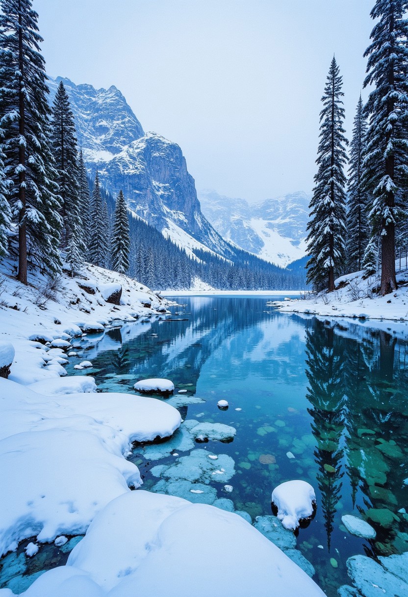 CAICO, idyllic winter scene of ice forming around the margins of a mountain lake, snowy forest, snow falling