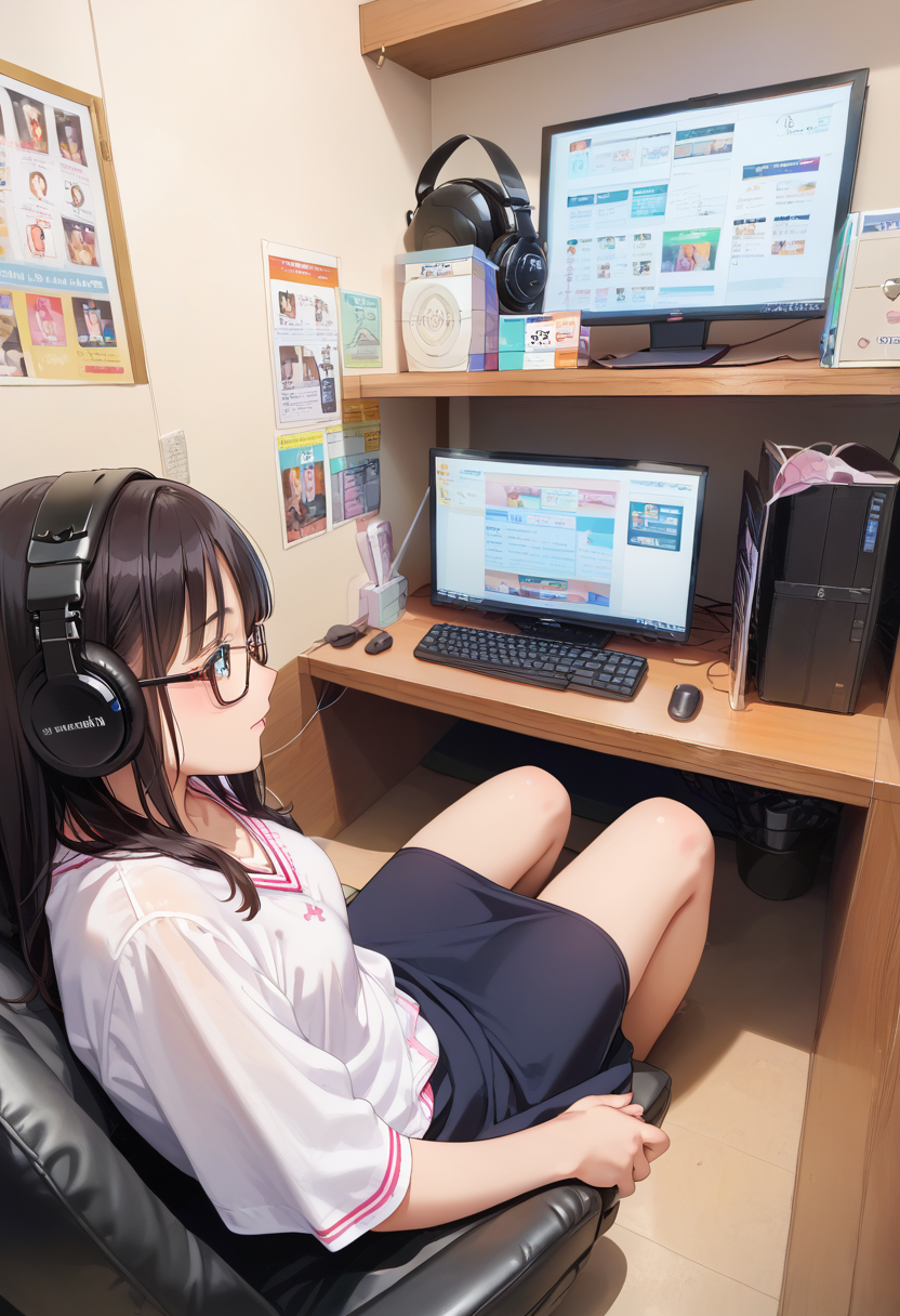 score_9, score_8_up, score_7_up, rating_safe, masterpiece, best quality, absurdres, unity 8k wallpaper, official art, official style, source_anime, uncensored, game cg, megami magazine,
1girl, glasses, solo, 
necafe, scenery, headphones, keyboard (computer), sitting, monitor, black hair, computer, mouse (computer), chair, indoors, desk
<lora:NetCafe_PONY_V1:1>