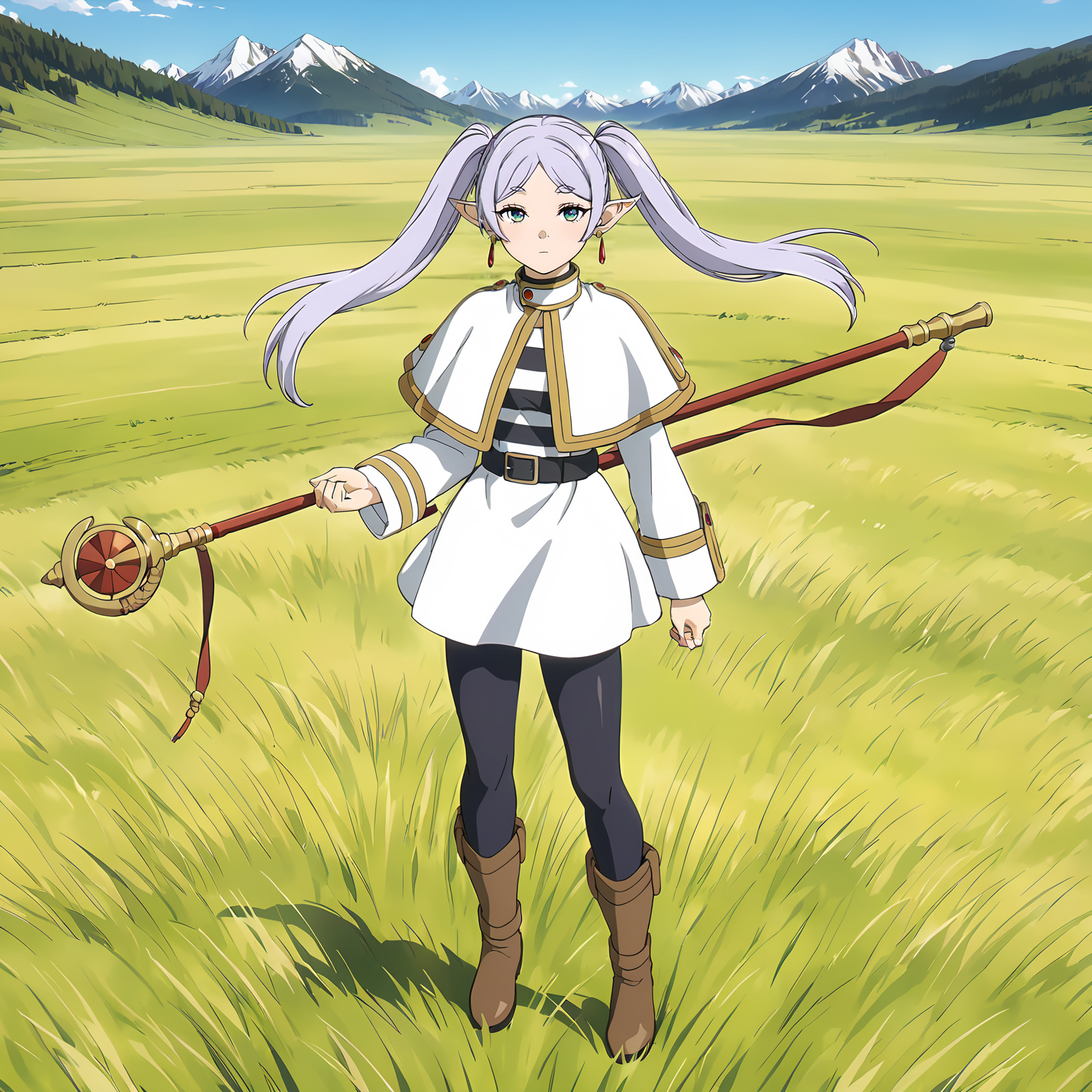 <lora:FrierenXL004>,<lora:DetailedEyes_V3:1.6>,
solo,
anime screencap,
best quality,masterpiece,
Frieren,1girl,light purple hair,twintails,multicolored eyes,earrings,
capelet,jacket,striped shirt,
belt,skirt,
pantyhose,
brown boots,
grassland,sky,wind,nature,mountain,
full body,holding staff,two-handed,