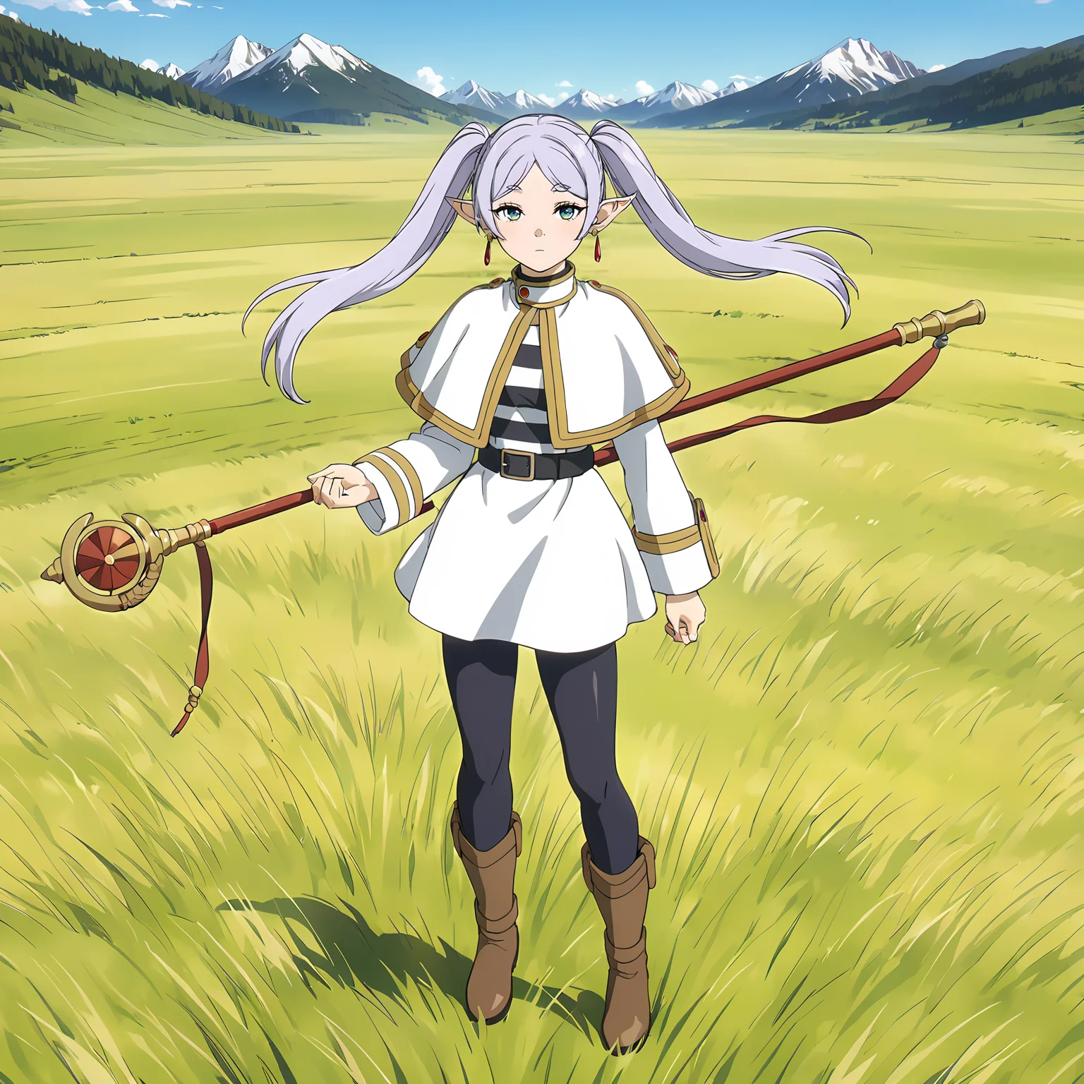 <lora:FrierenXL004>,<lora:DetailedEyes_V3:1.6>,
solo,
anime screencap,
best quality,masterpiece,
Frieren,1girl,light purple hair,twintails,multicolored eyes,earrings,
capelet,jacket,striped shirt,
belt,skirt,
pantyhose,
brown boots,
grassland,sky,wind,nature,mountain,
full body,holding staff,two-handed,