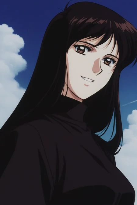 masterpiece, best quality, source_anime,official art,perfect_anatomy,1990s_\(style\),retro_artstyle,1girl,Jun_Fudo,brown_eyes,black_hair,long_hair,bangs,black_shirt,(detailed face,looking_at_viewer,grin),upper_body,blue_sky,cloud