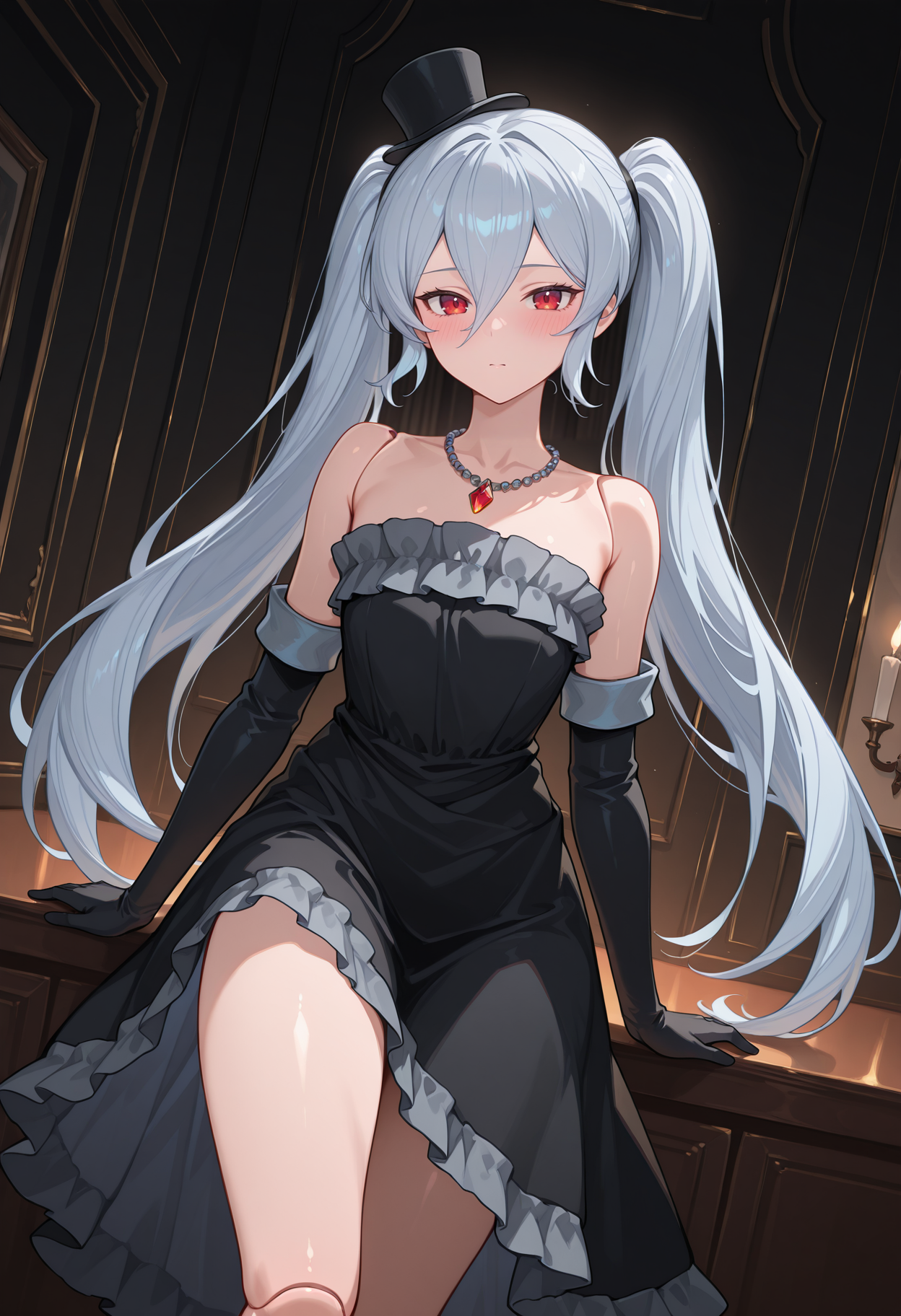highres, best quality, masterpiece, indoors, black theme, 
1girl, solo, gbfochd, twintails, light blue hair, grey hair, very long hair, red eyes, joints, hair between eyes,
ochddef, top hat, mini hat, black dress, necklace, strapless dress, grey frills, elbow gloves, black gloves, thighs,
looking at viewer, blush,
standing,
dutch angle, 
<lora:_orchid_gbf-elesico-ilxlA-000013:1>