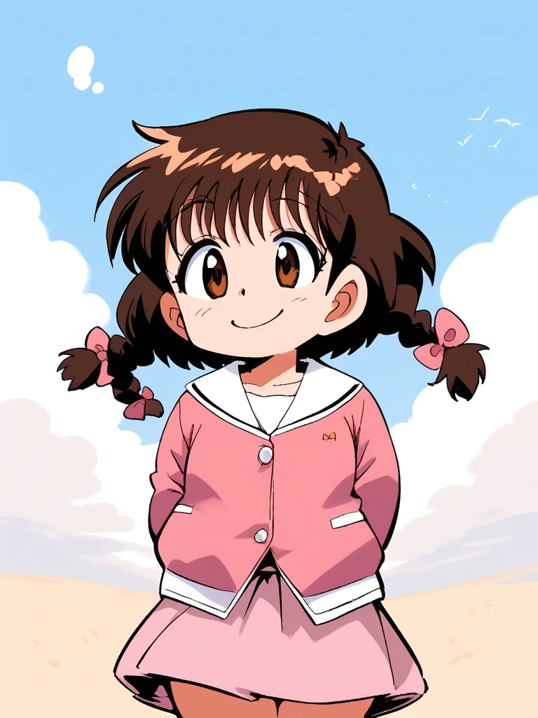 score_9, score_8_up, score_7_up, source_anime, rating_explicit, BREAK <lora:Shinba_Kurumi_XL:0.9>Shinba_Kurumi, brown hair, brown eyes, twin braids, hair bow, pink bow, short hair, short stack, 
long sleeve, skirt, smile,
skyã