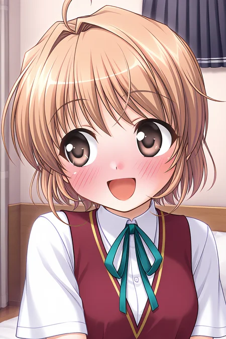 masterpiece, best quality, absurdres, official art, official style, rating general BREAK <lora:yuukikanade_IL_v1-1:0.7>, yuuki kanade, 1girl, solo, brown eyes, ahoge, light brown hair, short hair, hair intakes, small breasts, no headwear, school uniform, summer uniform, red vest, collared shirt, short sleeves, neck ribbon, aqua ribbon, indoors, bedroom, portrait, upper body, close-up,
bashful, :d, full-face blush, looking to the side, open mouth