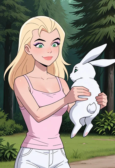 masterpiece, best quality, amazing quality, very aesthetic, absurdres, newest, ((parody, cartoon, screencap))
eunice, 1girl, long hair, blonde hair, green eyes, lips, , makeup, 
pink tank top, white shorts, holding rabbit, smile, pulling rabbit ears, outdoors, nature,
